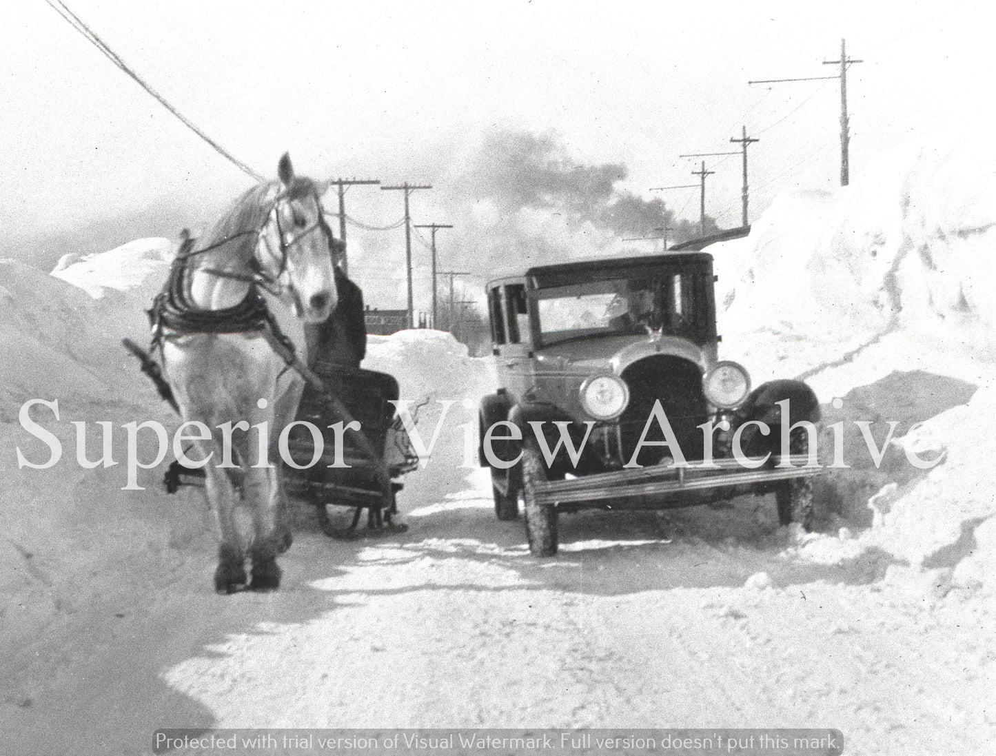 Vintage Chrysler Automobile Passing A Horse Calumet Michigan Huge Snow Banks