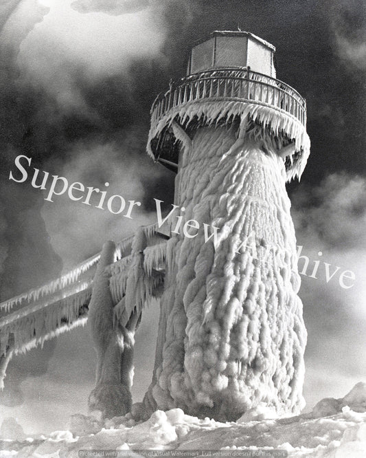 Vintage Lighthouse Covered In Ice Old Time Frozen Lighthouse Lake Michigan