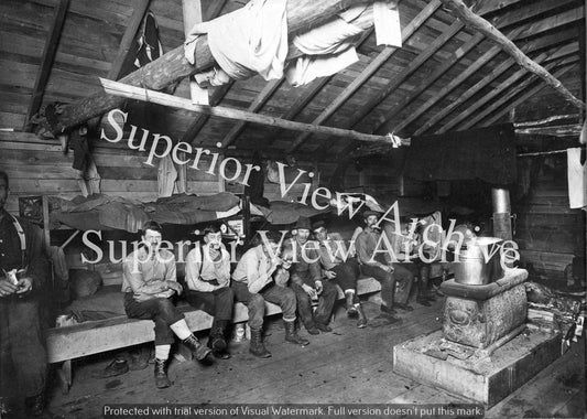 Vintage Lumber Camp Bunkhouse Interior Lumberjacks Smoking Socks Hanging
