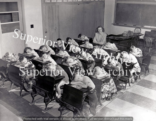 Vintage School Teaching Nap Time Heads On Desk Old Time Teacher Naptime