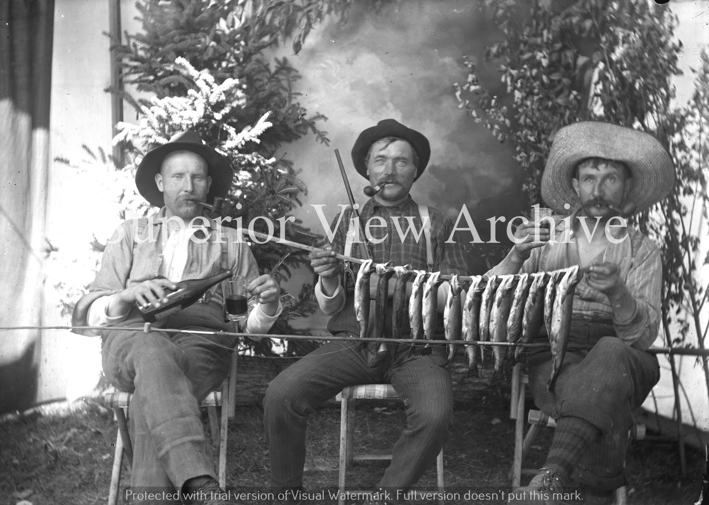 Old Time Fishing Lumberjacks With Fish Stringer Drinking Beer Smoking Pipes