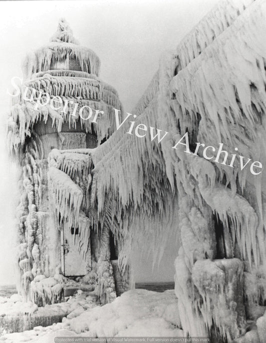 Vintage Lighthouse Covered In Ice Old Time Frozen Lighthouse Lake Michigan