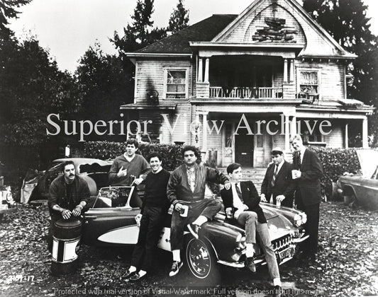 John Belushi & Cast Of Animal House Movie Whole Cast In Front Of Frat House