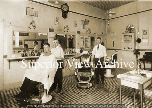 Vintage Barber Shop Interior Three Chairs Old Time Barbers Marble Sink 1920