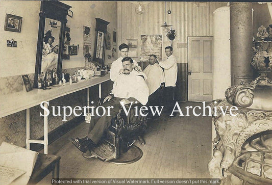Vintage Barbers Old Time Barber Shop Woodstove Brass Cash Register Mustaches