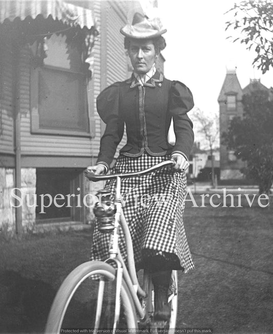Antique Bicycle Woman Plaid Skirt Vintage Bike Lantern Hat With Feather 1897