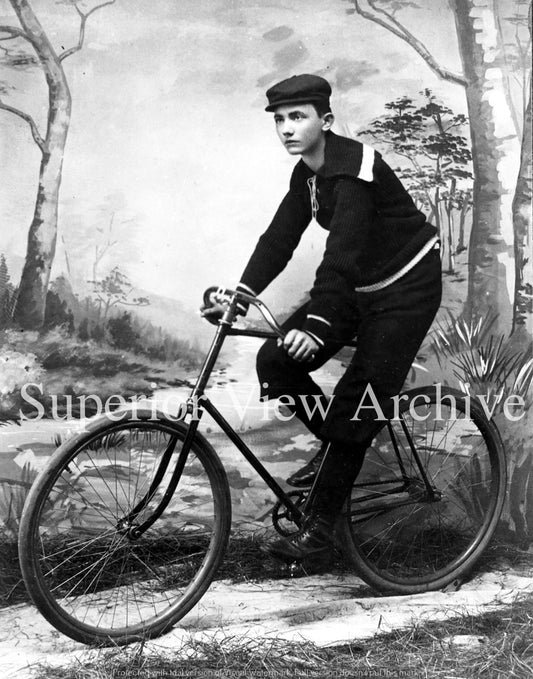 Old Bicycle Young Boy In Sweater Fake Woods Vintage Bicycling Cap 1890 Biking