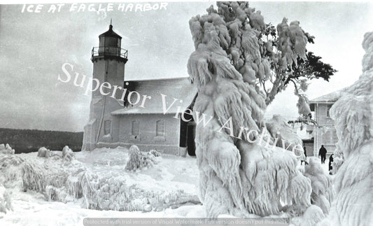 Vintage Frozen Lighthouse Covered In Ice Eagle Harbor MI