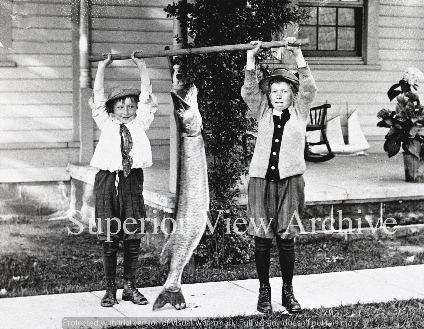 Old Time Fishing Huge Muskie Held by Little Boys in Knickers Big Musky Fish