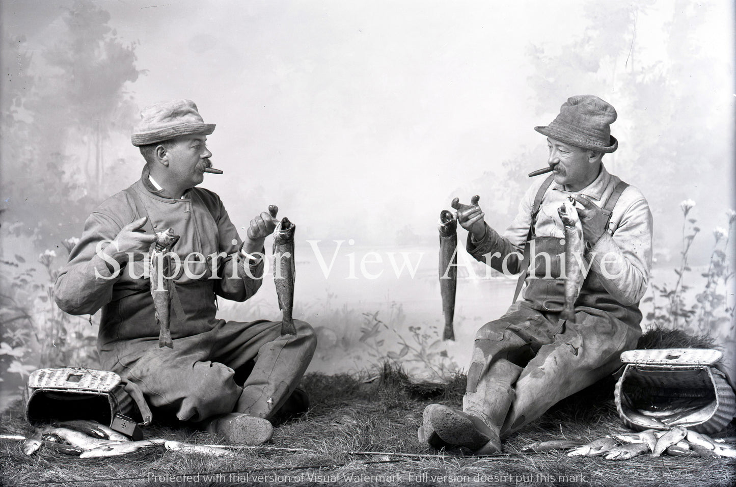 Old Time Fishing Huge Brook Trout Vintage Creels Cigar Smoking Piles of Trout