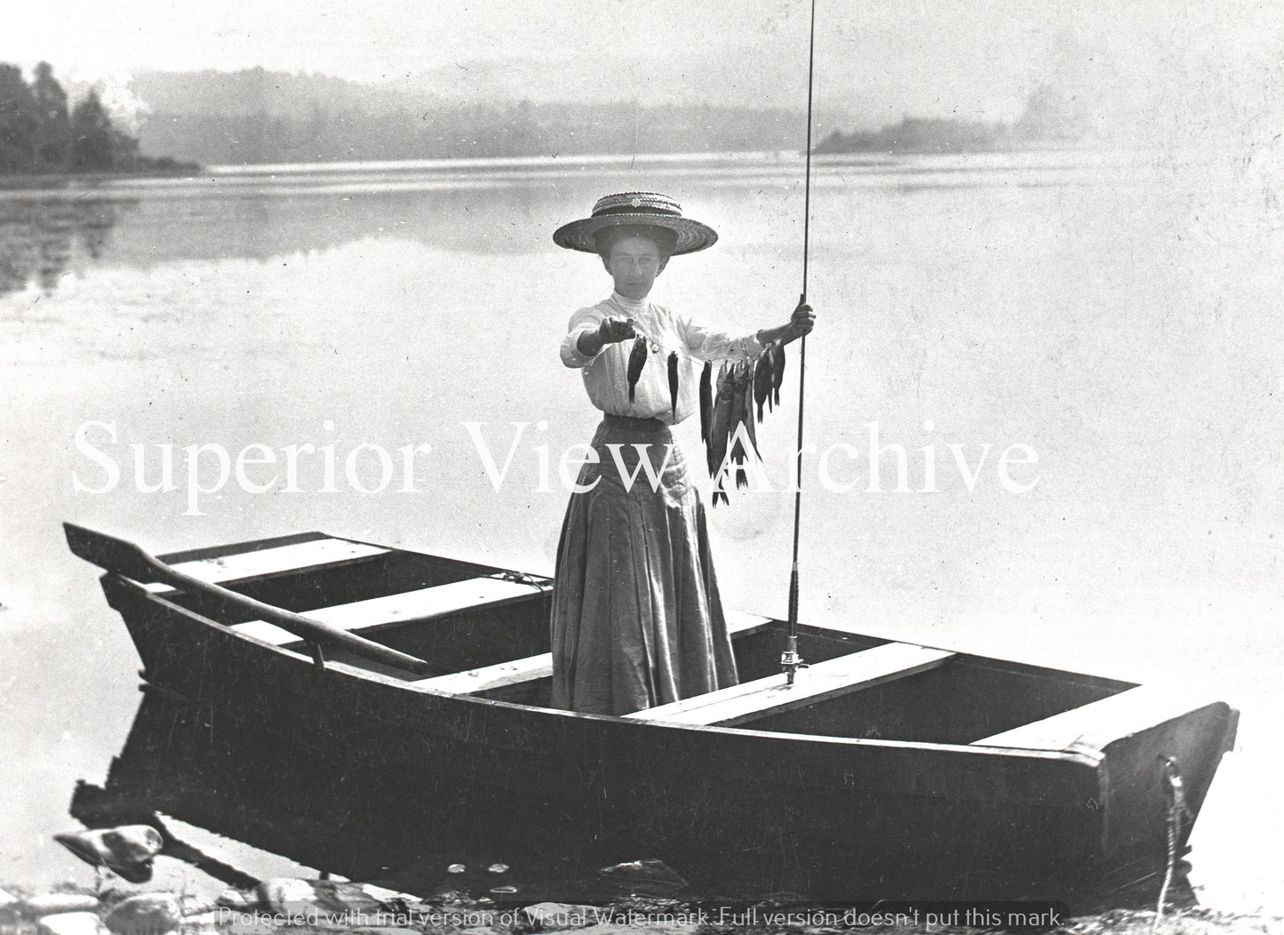 Old Time Fishing Woman In Long Dress Straw Hat With Stringer of Fish Rowboat