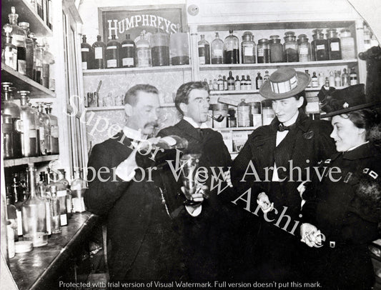 Vintage Pharmacy Old Glass Medicine Bottles Beakers Ladies in Hats 1890 Pharmacy