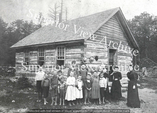 Old Time Teaching Vintage School House Teacher Bare Foot Students Log Cabin