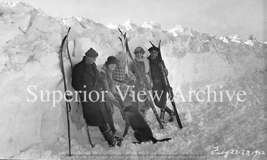Old Time Skiing Vintage Ski Group Ski Clothing Antique Skis Huge Snow Banks 1922
